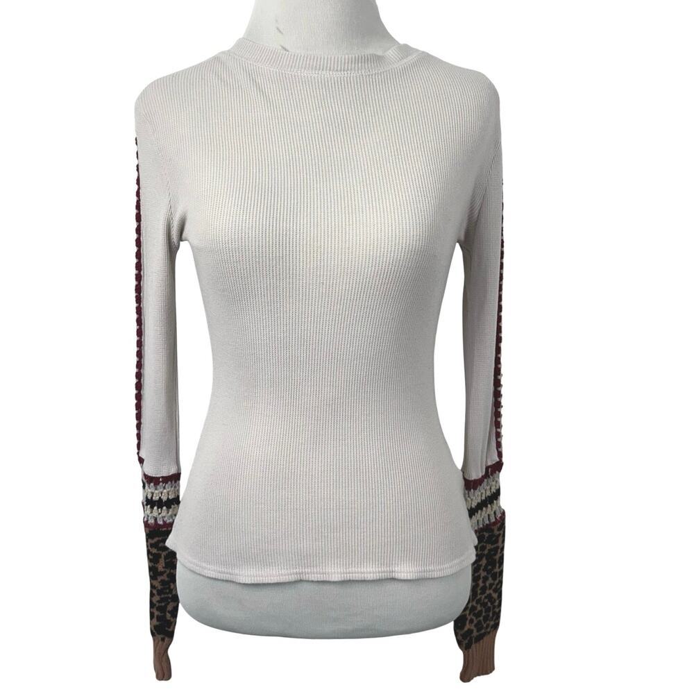 Gimmicks Cream Ribbed Knit Top Small Leopard Crochet Sleeve Boho Western Stretch